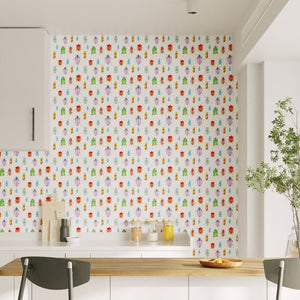Beetle wallpaper by Seed Home Designs in red, blue and green, watercolour beetles in a bathroom