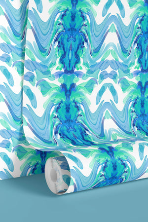 Bel Air Blossom wallpaper by Liberty James Studio in blue, roll showing a mirrored blossom design