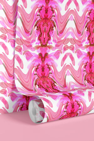 Bel Air Blossom wallpaper by Liberty James Studio in pink, sample roll showing a mirrored blossom design