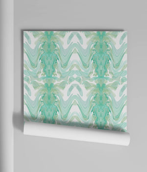Bel Air Blossom wallpaper by Liberty James Studio in mint green, roll showing a mirrored blossom design