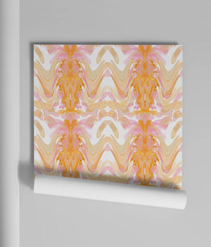 Bel Air Blossom wallpaper by Liberty James Studio in apricot, roll showing a mirrored blossom design