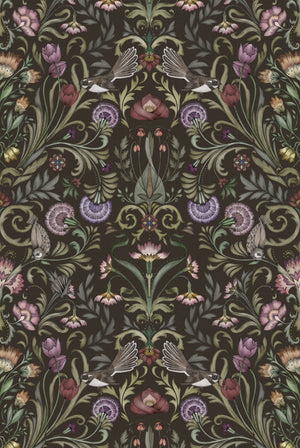 Victorian Bloom Wallpaper in Chocolate by Victoria Sanders, pattern