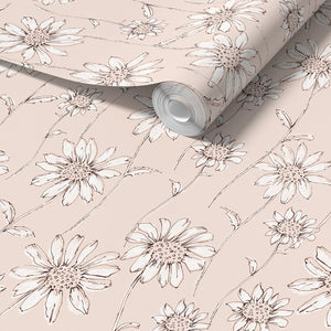 Caja Floral wallpaper by Seed Home Designs in pink, full repeat of line-drawn daisies