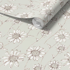 Caja Floral wallpaper by Seed Home Designs in grey, flat sample of line-drawn daisies