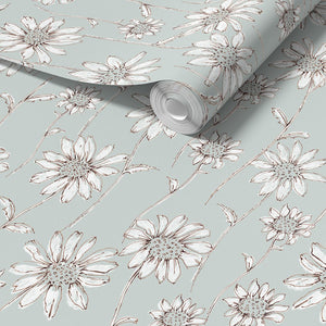 Caja Floral wallpaper by Seed Home Designs in pale blue, flat sample of line-drawn daisies