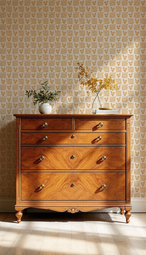 Picnic in the Flowers wallpaper by Studio Le Cocq in yellow, a small floral lattice above a sideboard