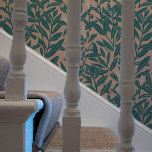 Climbing Vine wallpaper in Beryl and Blushes by Annika Reed Studio, staircase setting
