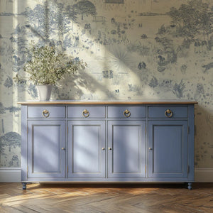 Dog Tales wallpaper by Victoria Sanders in blue and cream, a toile of dogs in the countryside above a sideboard