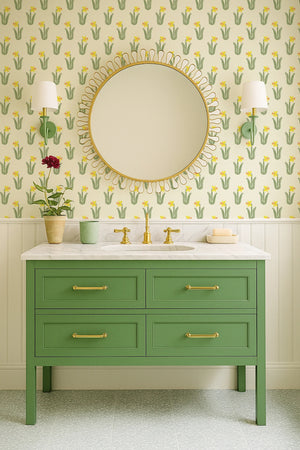 Daffodil wallpaper by Annika Reed in yellow and green, daffodils in a bathroom