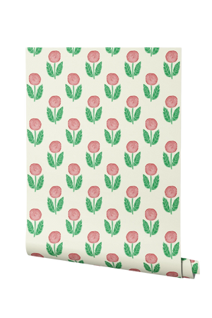 Dahlia wallpaper by Annika Reed in red and green, roll showing dahlia flowers