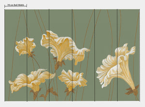 Dancing Flowers wallpaper by Dami and Em Design in pale green, full repeat of large dancing flowers