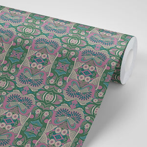 Esprit wallpaper by Tatie Lou in pink and green, roll showing an ornate medallion print