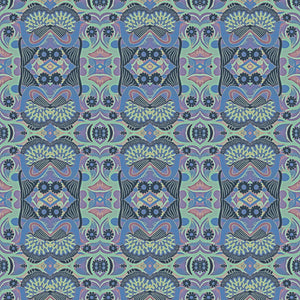 Esprit wallpaper by Tatie Lou in blue, full repeat of an ornate medallion print