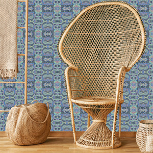 Esprit wallpaper by Tatie Lou in blue, an ornate medallion print in a living room
