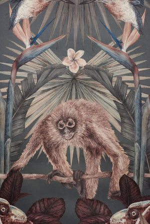 Exotica wallpaper by Victoria Sanders in petrol blue, flat sample of jungle animals and tropical flowers