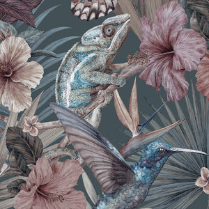 Exotica wallpaper by Victoria Sanders in petrol blue, detail of jungle animals and tropical flowers