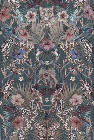 Exotica wallpaper by Victoria Sanders in petrol blue, full repeat of jungle animals and tropical flowers