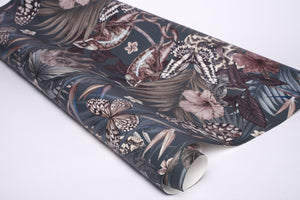 Exotica wallpaper by Victoria Sanders in petrol blue, sample roll showing jungle animals and tropical flowers