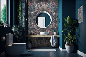 Exotica wallpaper by Victoria Sanders in petrol blue, jungle animals and tropical flowers in a dining area