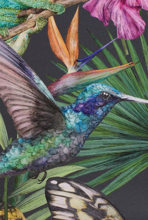 Exotica wallpaper by Victoria Sanders in black, detail of jungle animals and tropical flowers