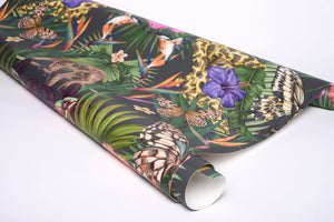 Exotica wallpaper by Victoria Sanders in black, roll showing jungle animals and tropical flowers