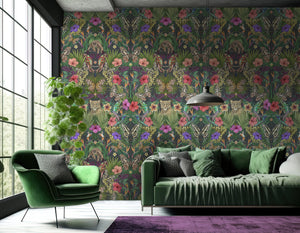Exotica wallpaper by Victoria Sanders in black, jungle animals and tropical flowers in a living room