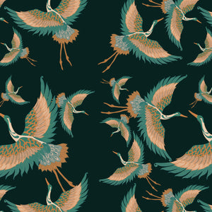 Pachamama wallpaper by Tatie Lou in dark green, full repeat of flying cranes