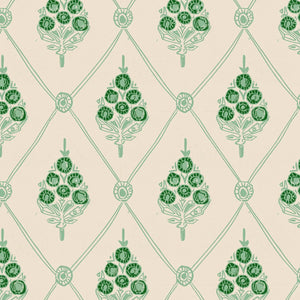 Agra wallpaper by Annika Reed in green, full repeat of block-print flowers in a trellis