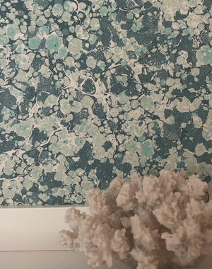 Ditzy wallpaper by House of Amitié in green, pattern sample of fine hand-marbled pattern
