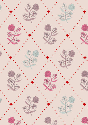 Jaipur wallpaper by Parker and Jules in pink, pattern sample of block-print flowers on a trellis