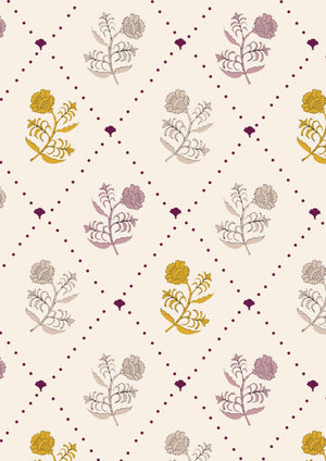 Jaipur wallpaper by Parker and Jules in cream and yellow, full repeat of block-print flowers on a trellis