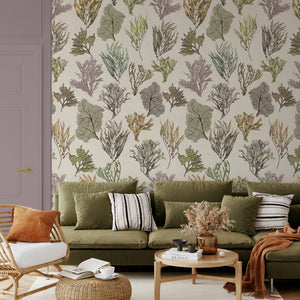 Kelp Forest Wallpaper in Vintage Original wallpaper by XV Interiors in cream and green, kelp and seaweed in a living room