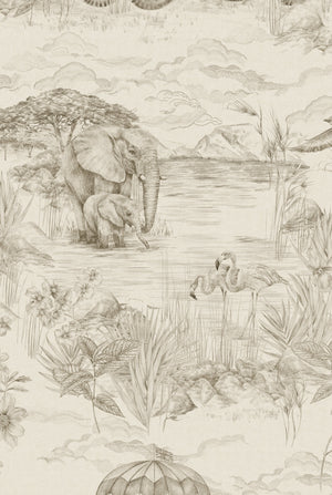 Lyons Den Wallpaper in Parchment by Victoria Sanders, elephants and flamingos detail