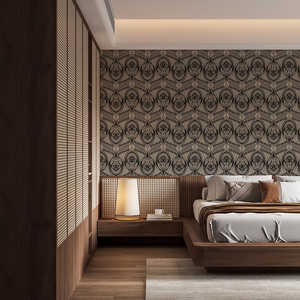 Manilva Garden wallpaper by Dami and Em Design in cream, an art deco garden design in a bedroom