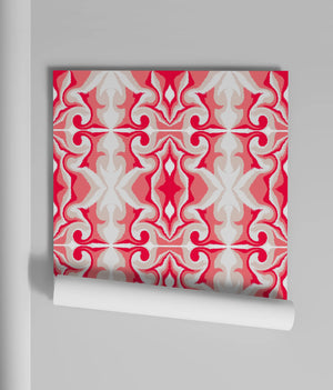 Marco Island wallpaper by Liberty James Studio in pink, roll showing a scrolling damask design
