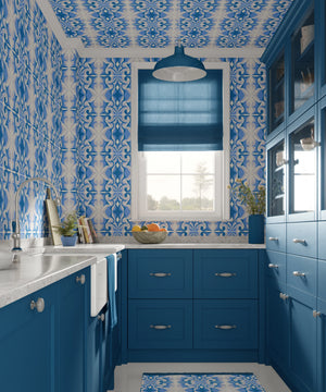 Marco Island wallpaper by Liberty James Studio in blue, a scrolling damask design on a bathroom wall