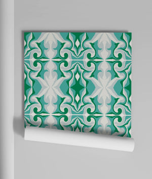 Marco Island wallpaper by Liberty James Studio in green, sample roll showing a scrolling damask design