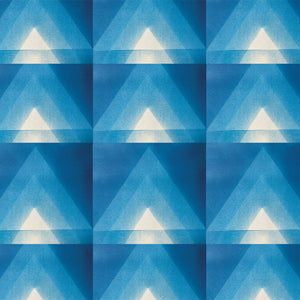 Motif wallpaper by Tatie Lou in blue, full repeat of geometric pyramids