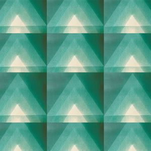 Motif wallpaper by Tatie Lou in green, flat sample of geometric pyramids
