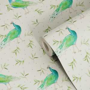 Sustainable Olive and Dot Peacock Wallpaper