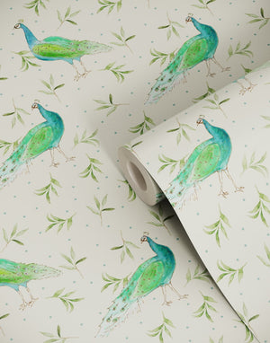 Sustainable Olive and Dot Peacock Wallpaper