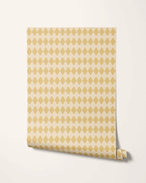 Harlequin Parade wallpaper by Annika Reed in yellow, roll showing a small harlequin check