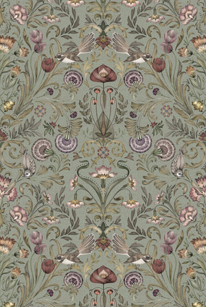Victorian Bloom Wallpaper in Periwinkle Green by Victoria Sanders, pattern