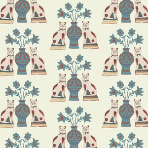 Pair of Cats wallpaper by Annika Reed in blue and cream, full repeat of pairs of cats and vases