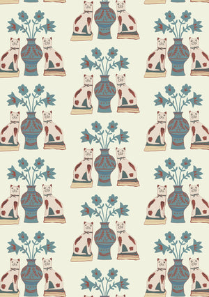 Pair of Cats wallpaper by Annika Reed in blue and cream, full repeat of pairs of cats and vases