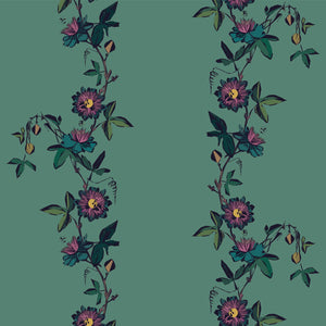 Passion Flower wallpaper by Tatie Lou in green, pattern sample of trailing passion flowers
