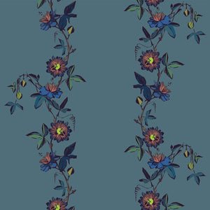 Passion Flower wallpaper by Tatie Lou in blue, full repeat of trailing passion flowers