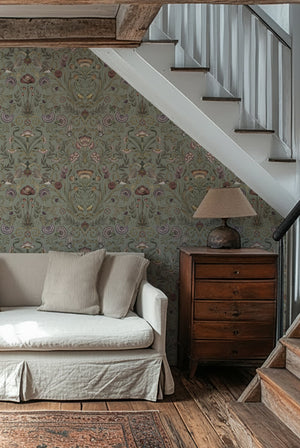 Victorian Bloom Wallpaper in Periwinkle Green by Victoria Sanders, room setting