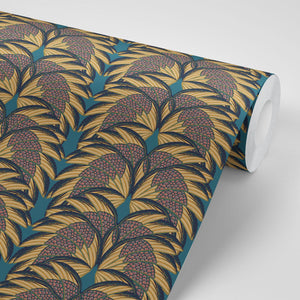 Plume wallpaper by Tatie Lou in navy and gold, partly unrolled roll showing Deco plumes