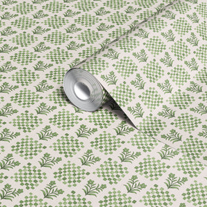 Picnic in the Flowers wallpaper by Studio Le Cocq in green, sample roll showing a small floral lattice